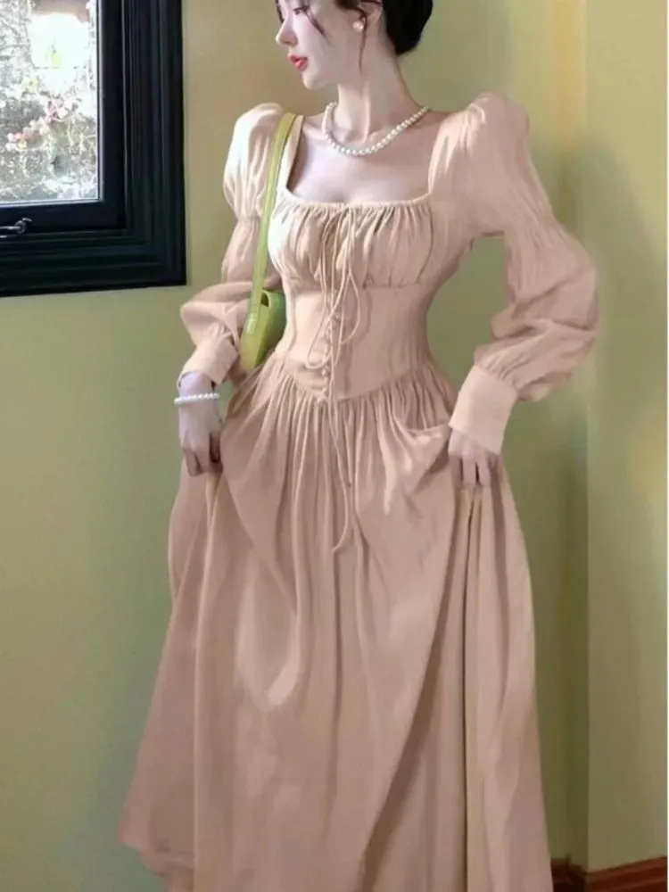 Amozae-Elegant Midi Dresses for Women French Vintage Princess Party Dress High Waist A-line Prom Robe One Piece Vestidos Mujer New 2024