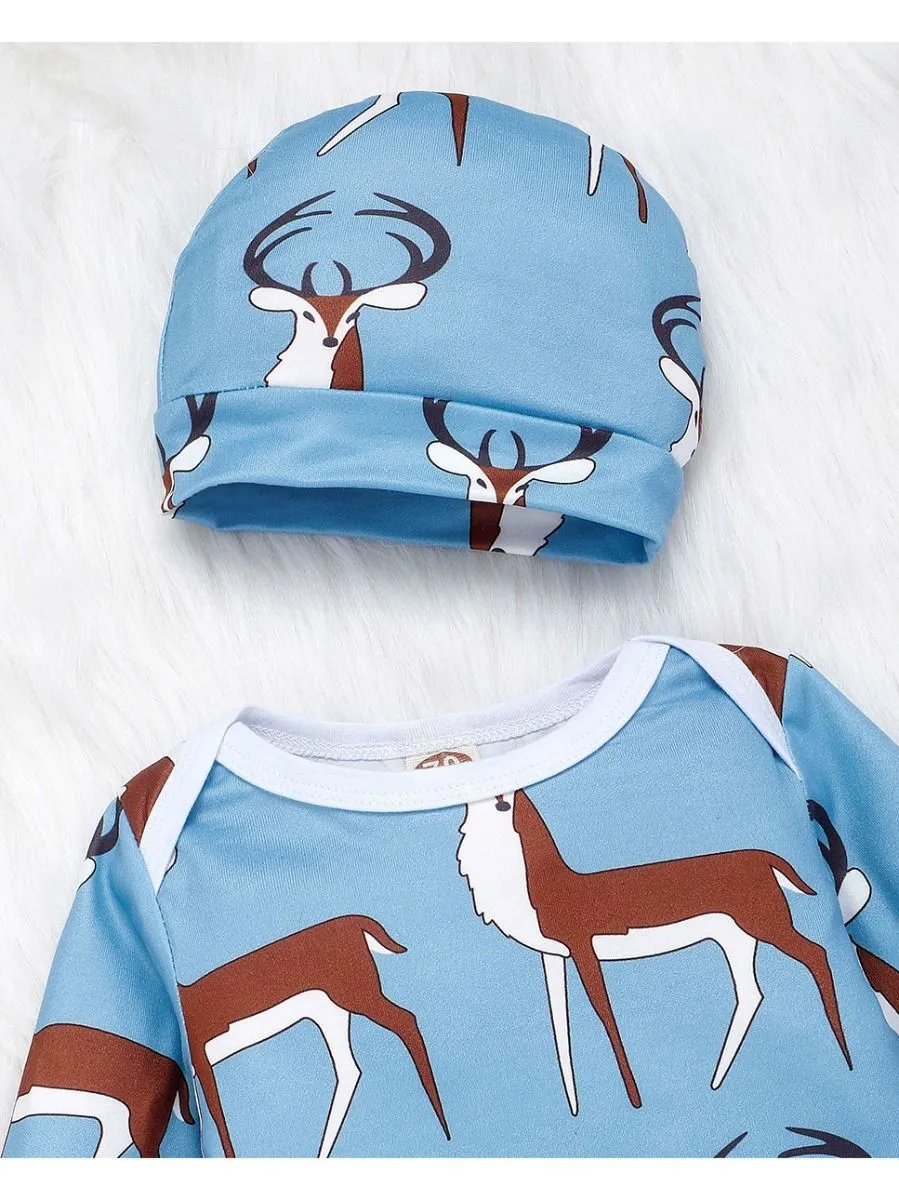 Baby 3-Piece Outfits Goat & Fox Printed Bodysuit Pants Hat