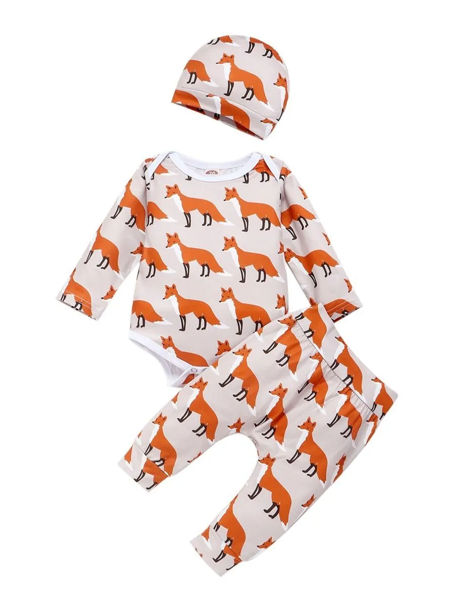 Baby 3-Piece Outfits Goat & Fox Printed Bodysuit Pants Hat
