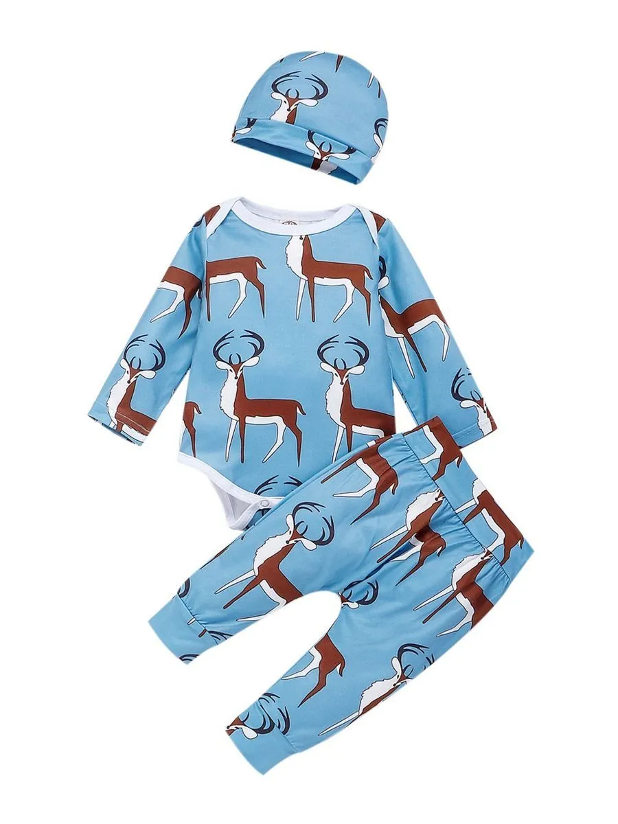 Baby 3-Piece Outfits Goat & Fox Printed Bodysuit Pants Hat