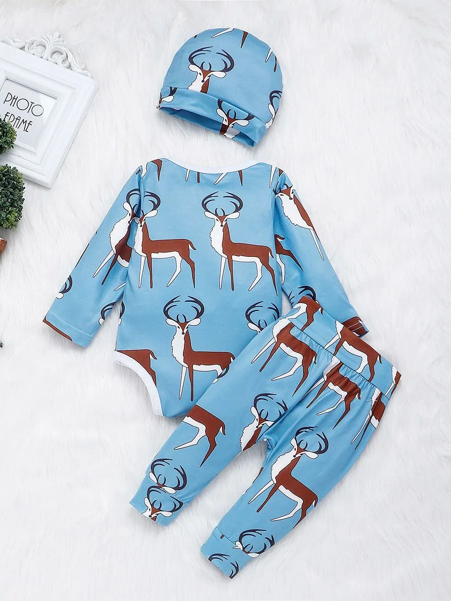 Baby 3-Piece Outfits Goat & Fox Printed Bodysuit Pants Hat