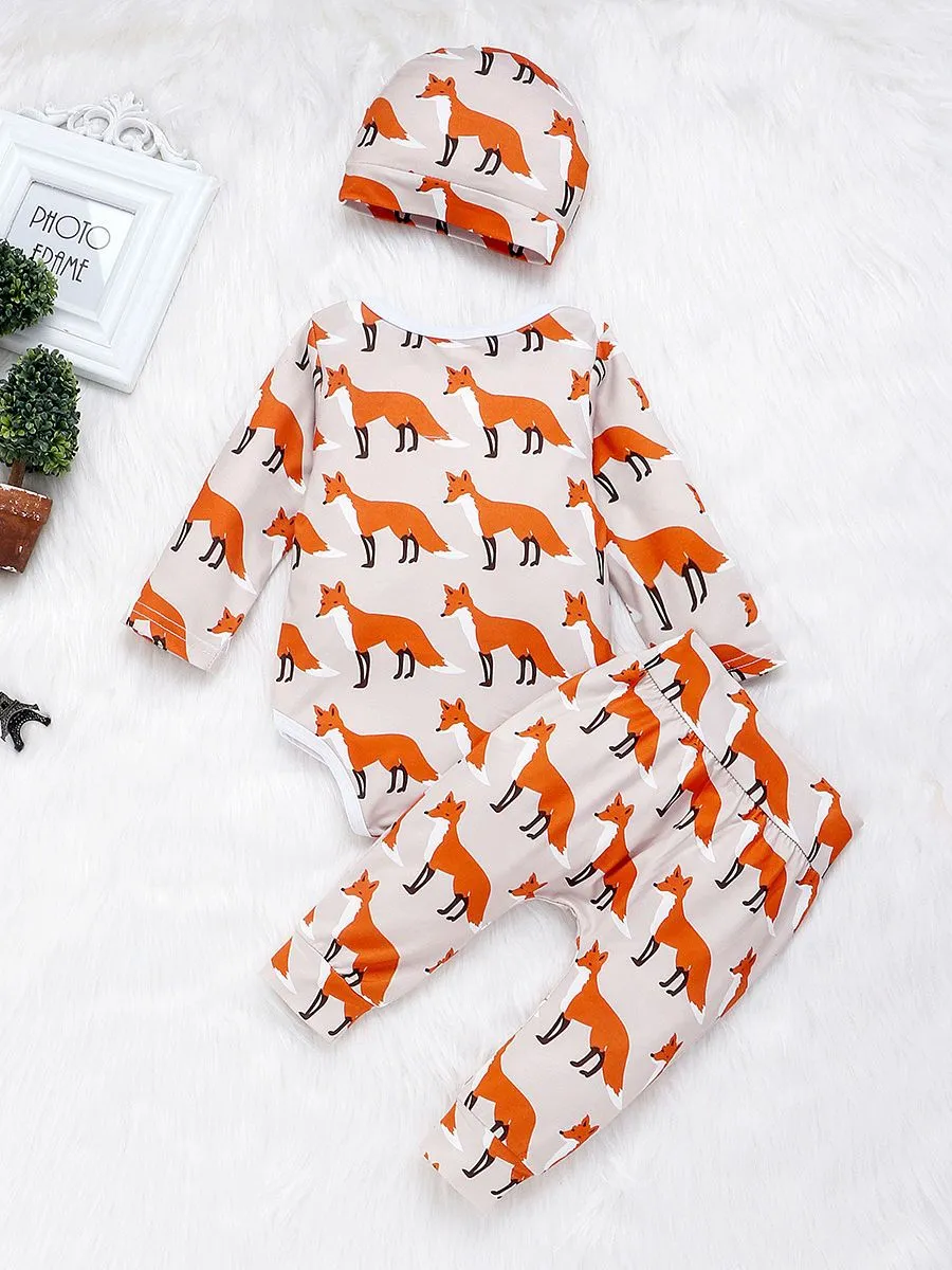 Baby 3-Piece Outfits Goat & Fox Printed Bodysuit Pants Hat
