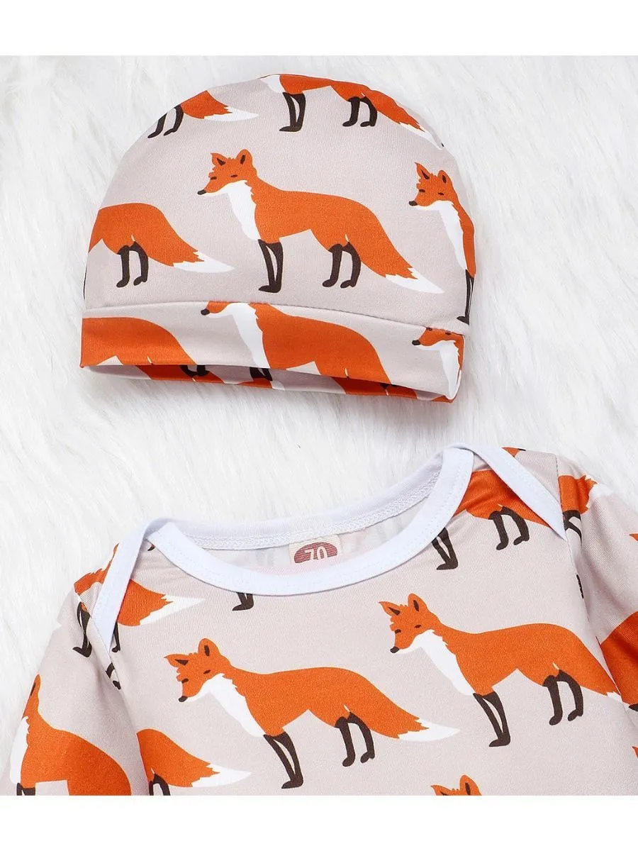 Baby 3-Piece Outfits Goat & Fox Printed Bodysuit Pants Hat