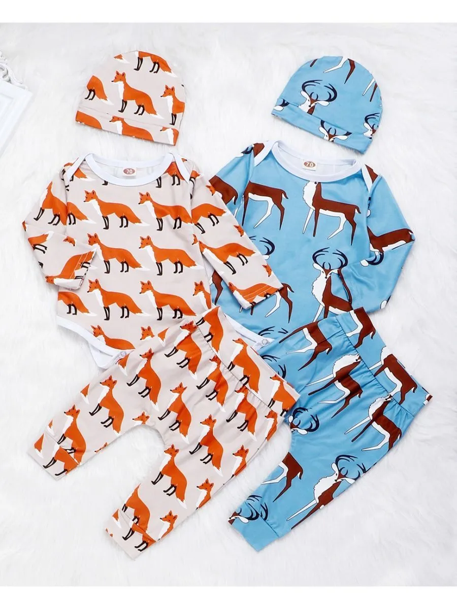 Baby 3-Piece Outfits Goat & Fox Printed Bodysuit Pants Hat