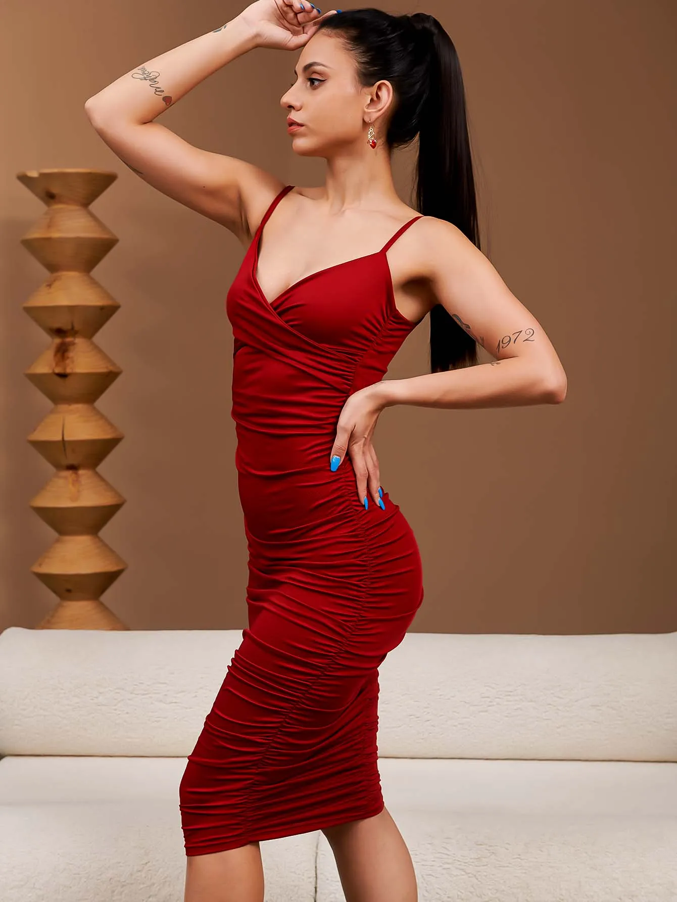 Backless Ruched Cami Bodycon Dress