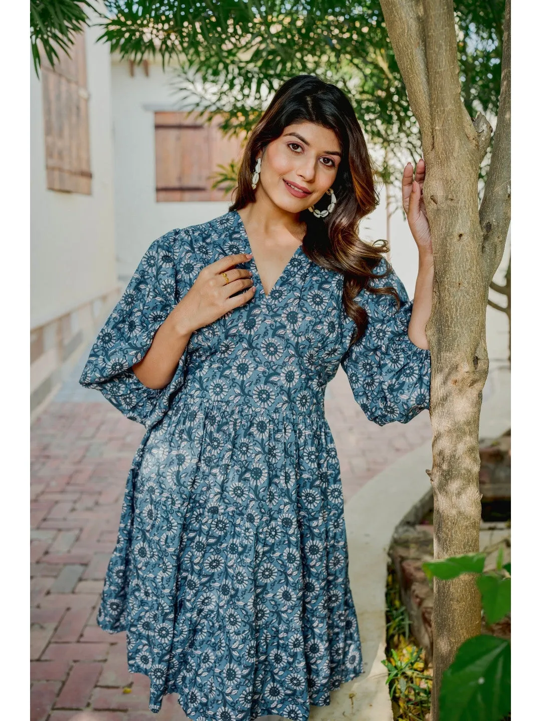 Bishop Sleeve Light indigo Pure Cotton Dress
