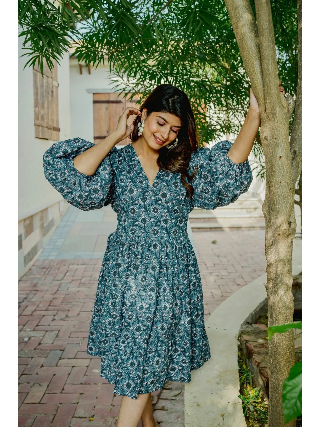 Bishop Sleeve Light indigo Pure Cotton Dress