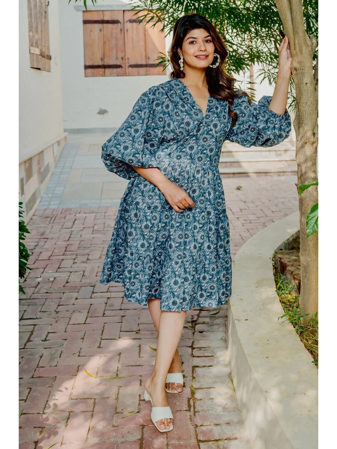 Bishop Sleeve Light indigo Pure Cotton Dress