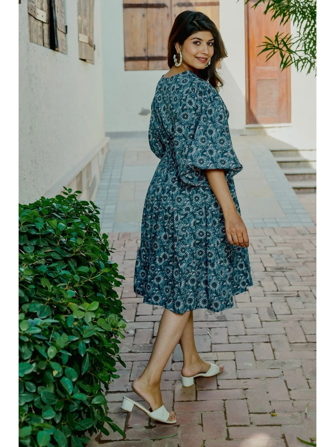 Bishop Sleeve Light indigo Pure Cotton Dress