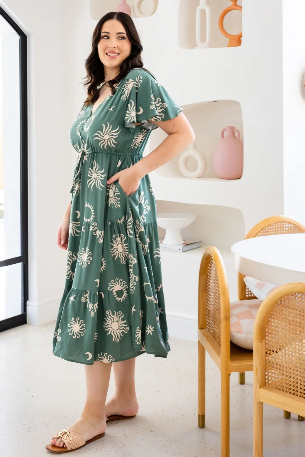 Bonnie Midi Dress Nova Print Khaki