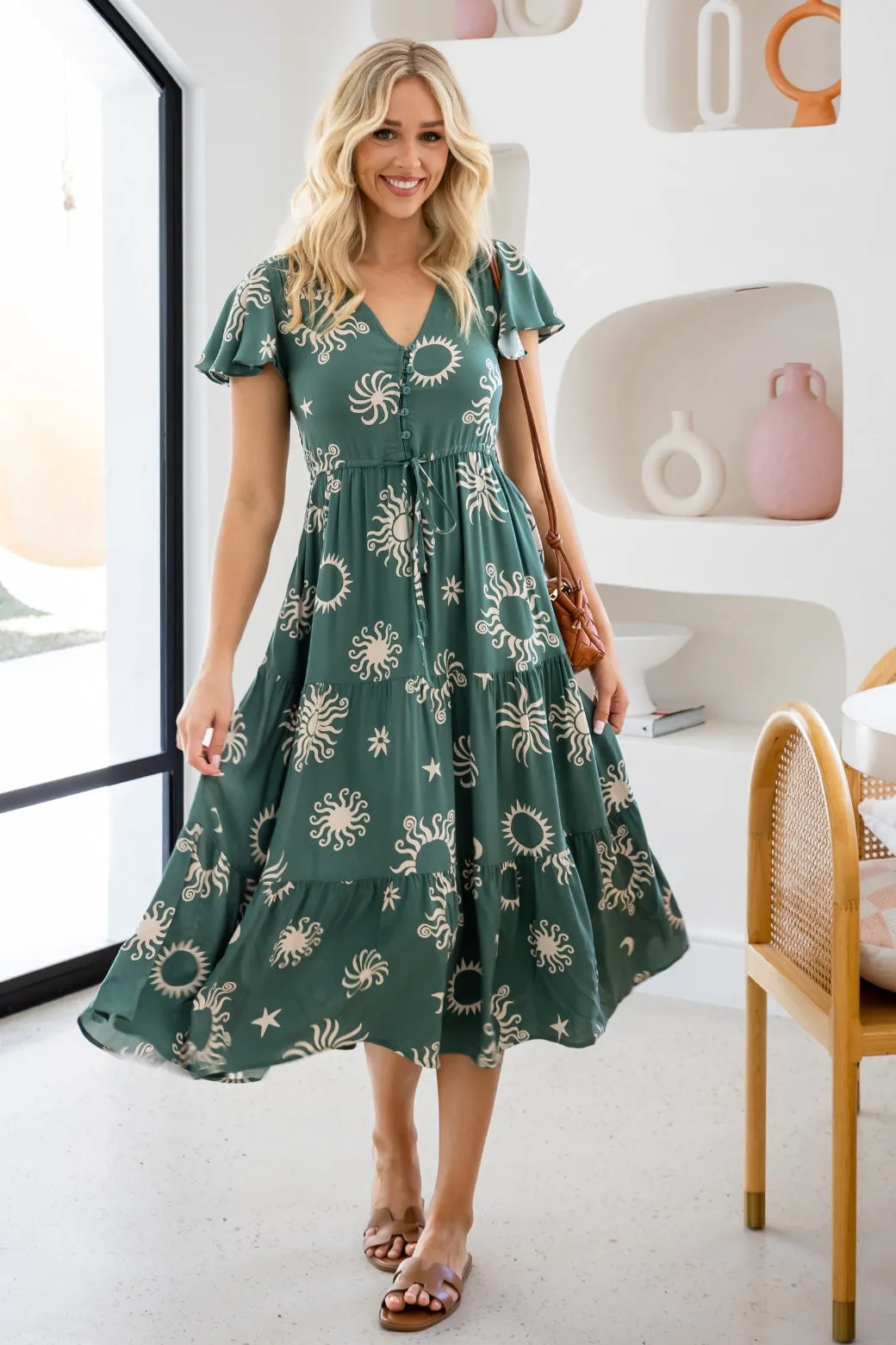 Bonnie Midi Dress Nova Print Khaki