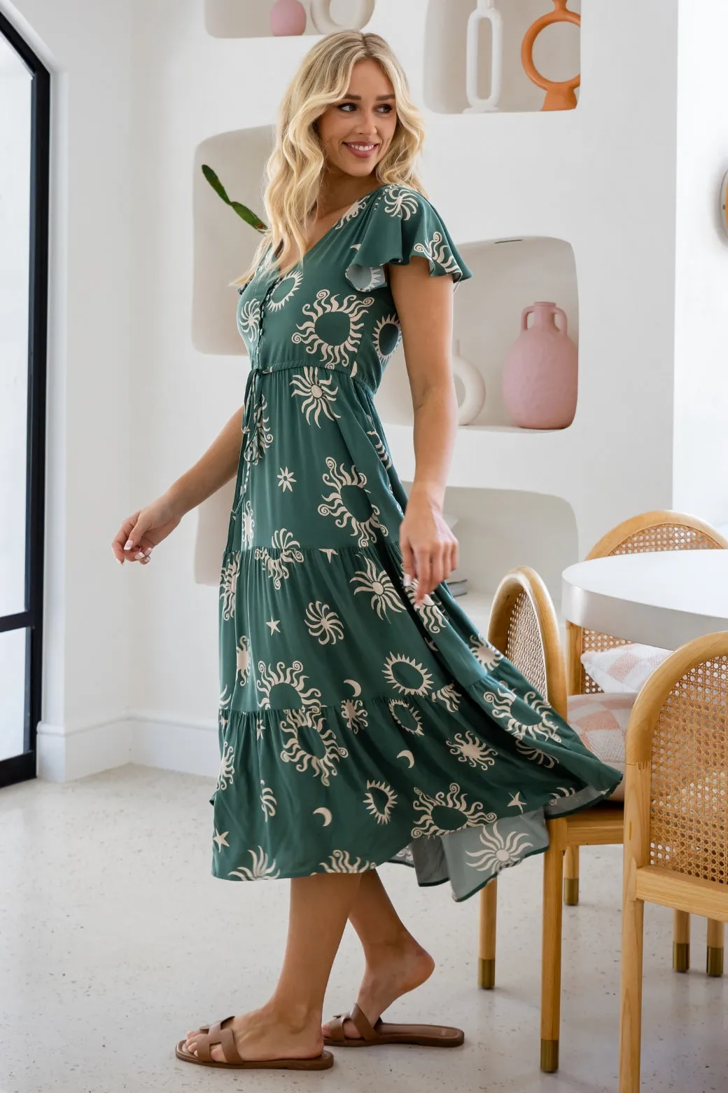 Bonnie Midi Dress Nova Print Khaki