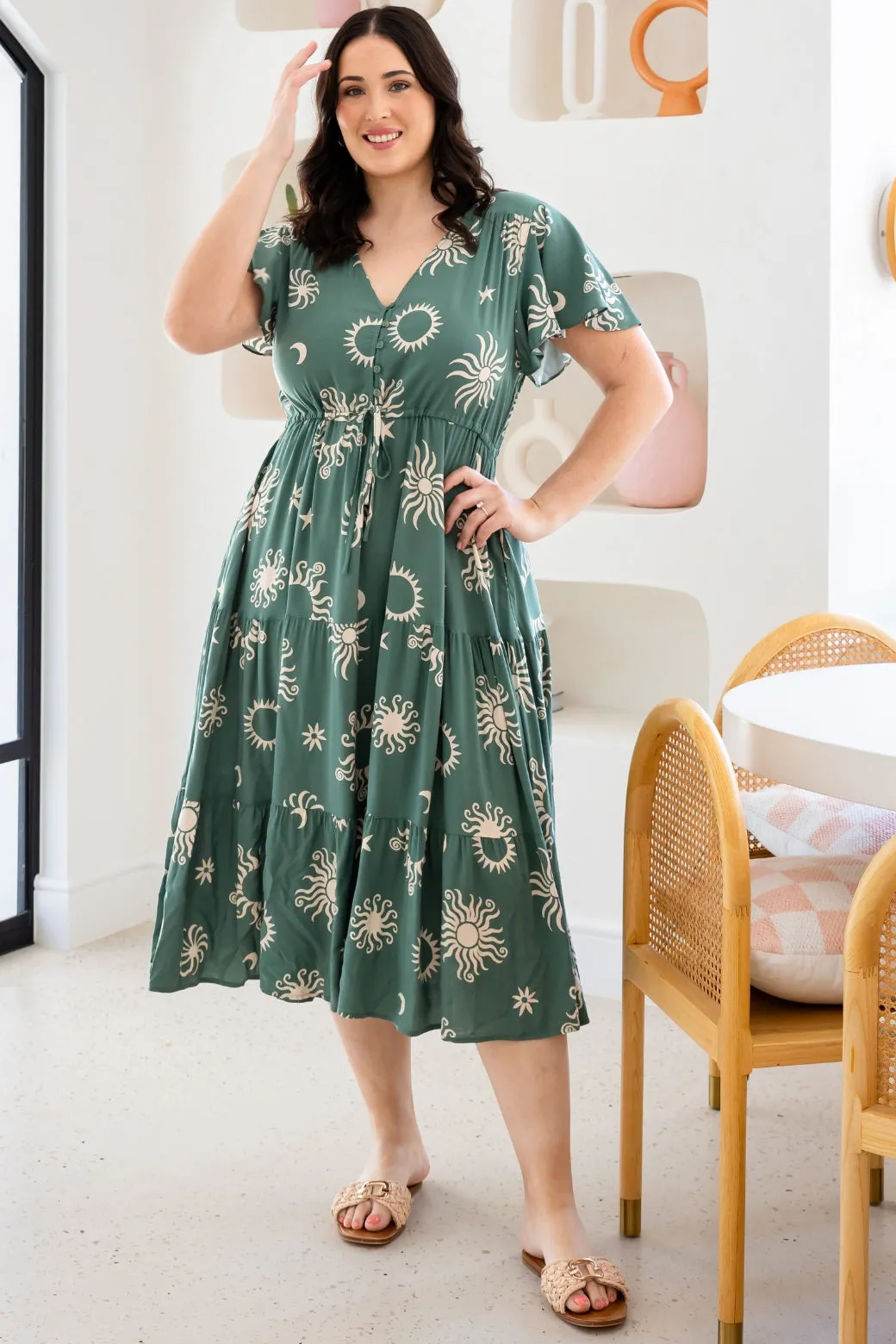 Bonnie Midi Dress Nova Print Khaki