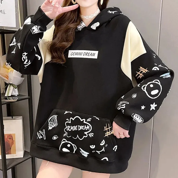 Cartoon Letter Print Colorblock Sweatshirt Hoodie