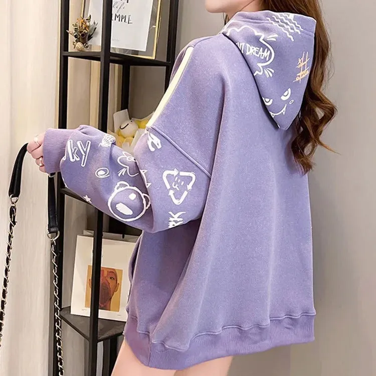 Cartoon Letter Print Colorblock Sweatshirt Hoodie