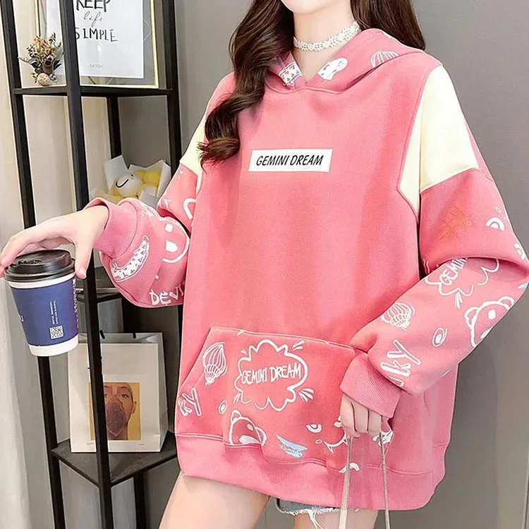 Cartoon Letter Print Colorblock Sweatshirt Hoodie
