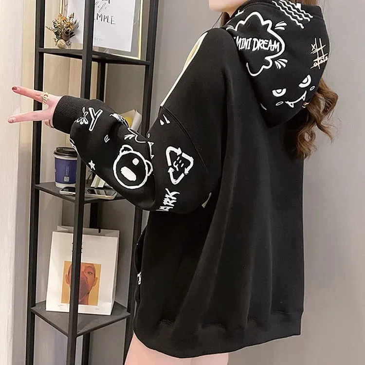 Cartoon Letter Print Colorblock Sweatshirt Hoodie