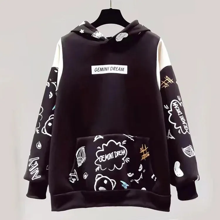Cartoon Letter Print Colorblock Sweatshirt Hoodie
