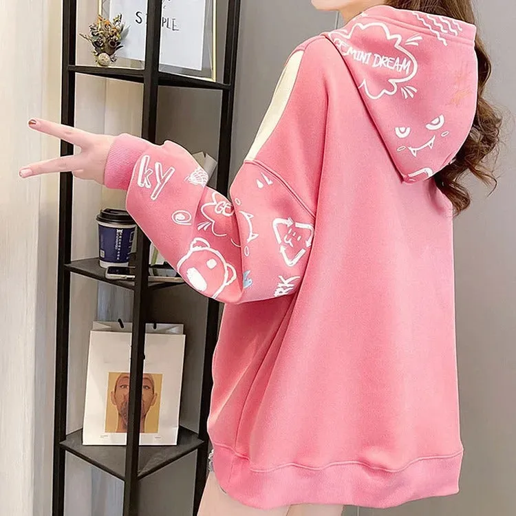 Cartoon Letter Print Colorblock Sweatshirt Hoodie