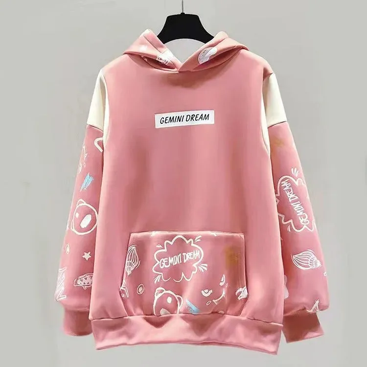 Cartoon Letter Print Colorblock Sweatshirt Hoodie