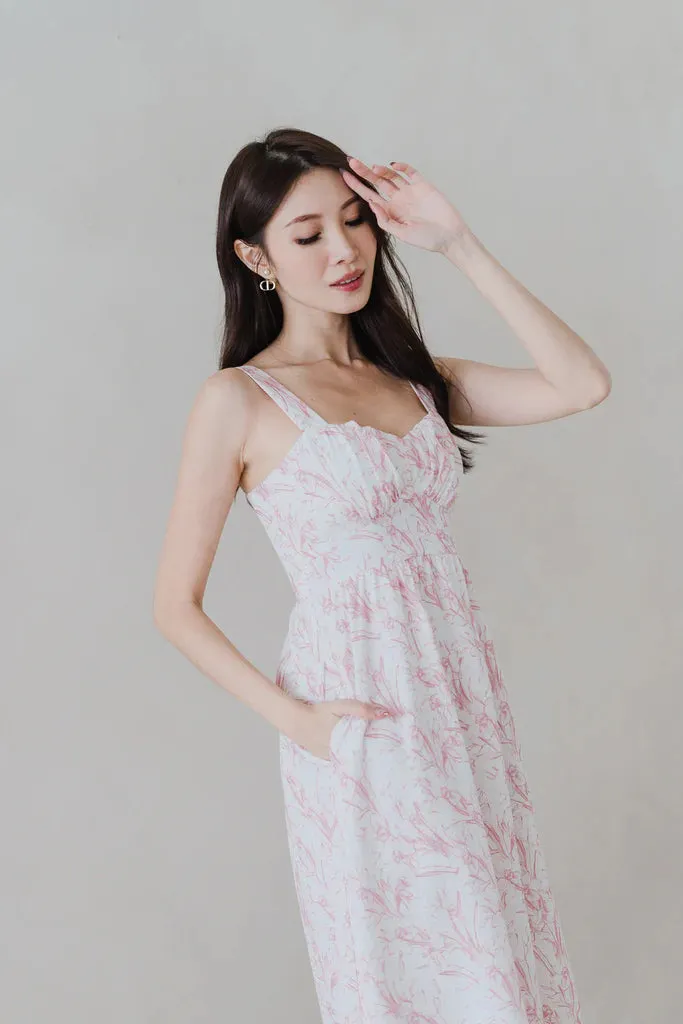 Cherrie-Bloom Emboss Porcelain Bustier Midi Dress - Pink