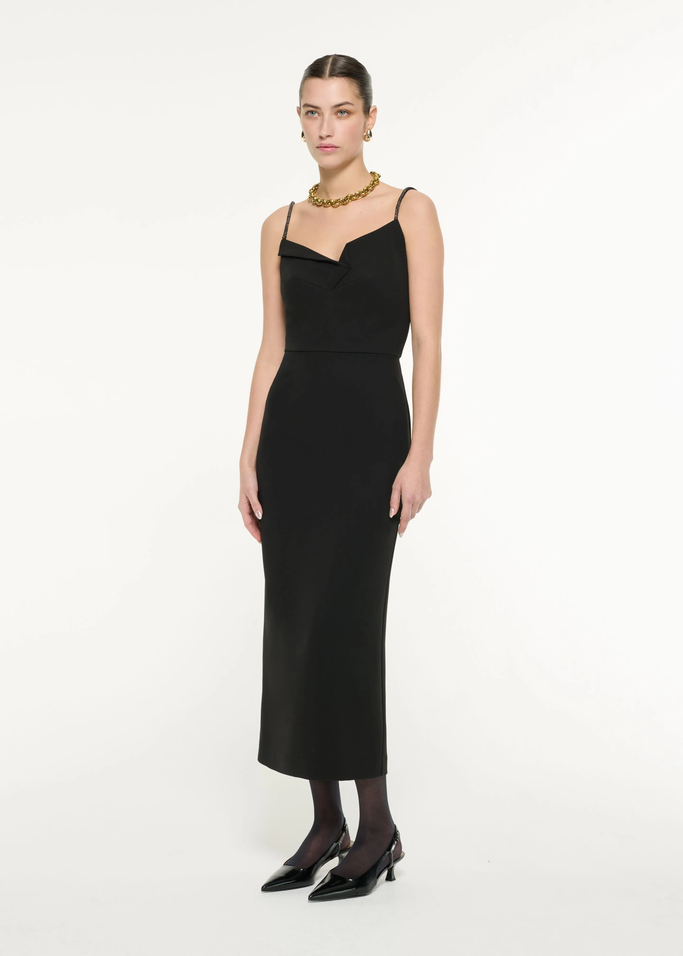 Diamante Strap Crepe Midi Dress