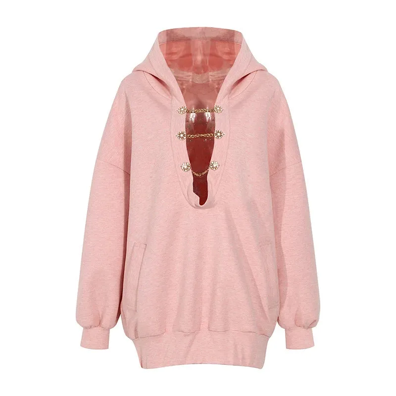 Embroidery Hollow Out Loose Sweatshirt For Women Hooded Long Sleeve Patchwork Diamonds Chic Sweatshirts Female New