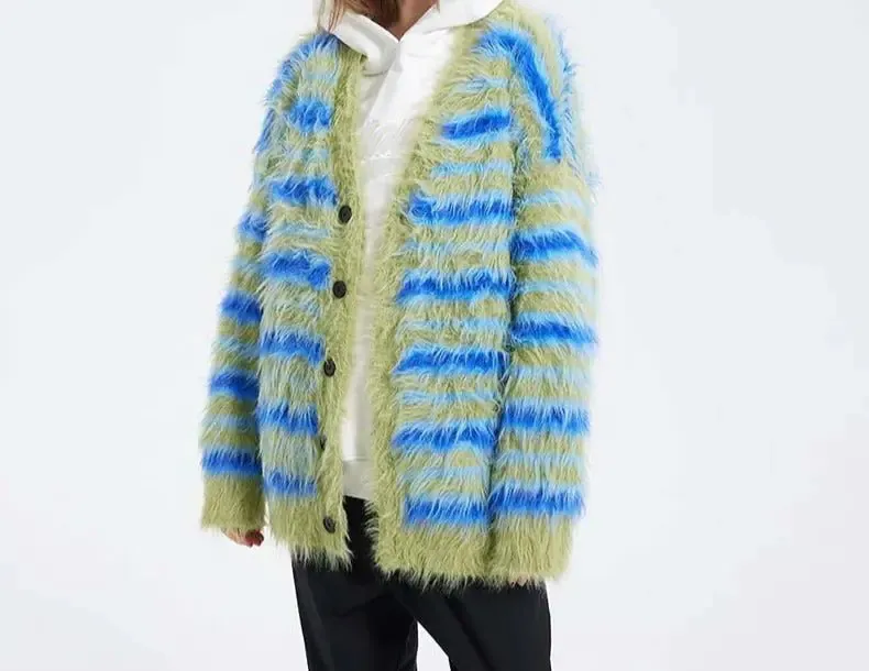 Fuzzy Striped Knit Cardigan