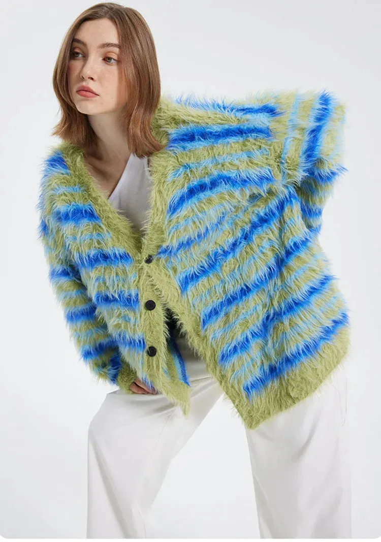Fuzzy Striped Knit Cardigan