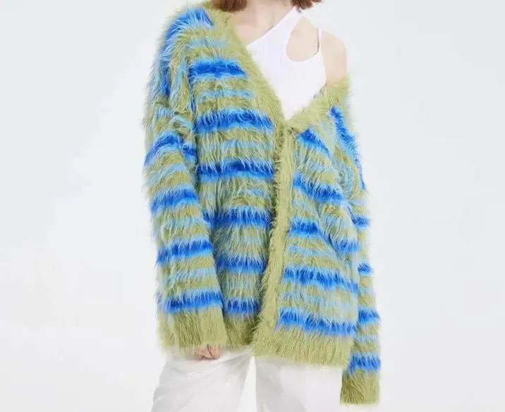 Fuzzy Striped Knit Cardigan
