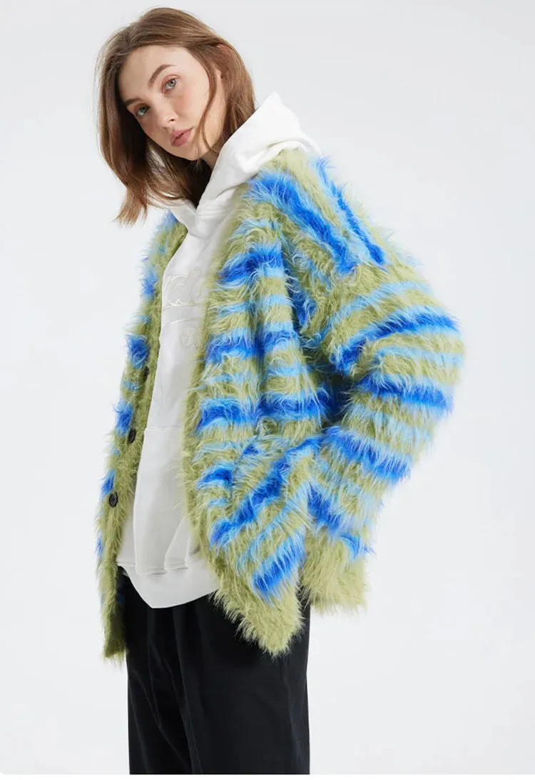Fuzzy Striped Knit Cardigan