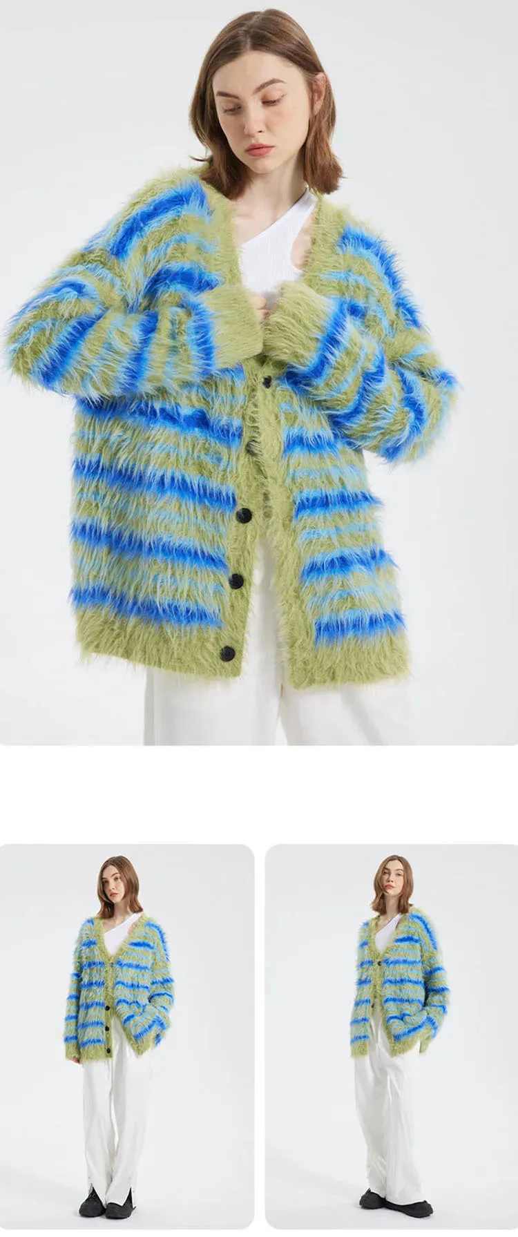 Fuzzy Striped Knit Cardigan