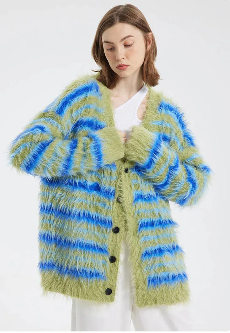 Fuzzy Striped Knit Cardigan