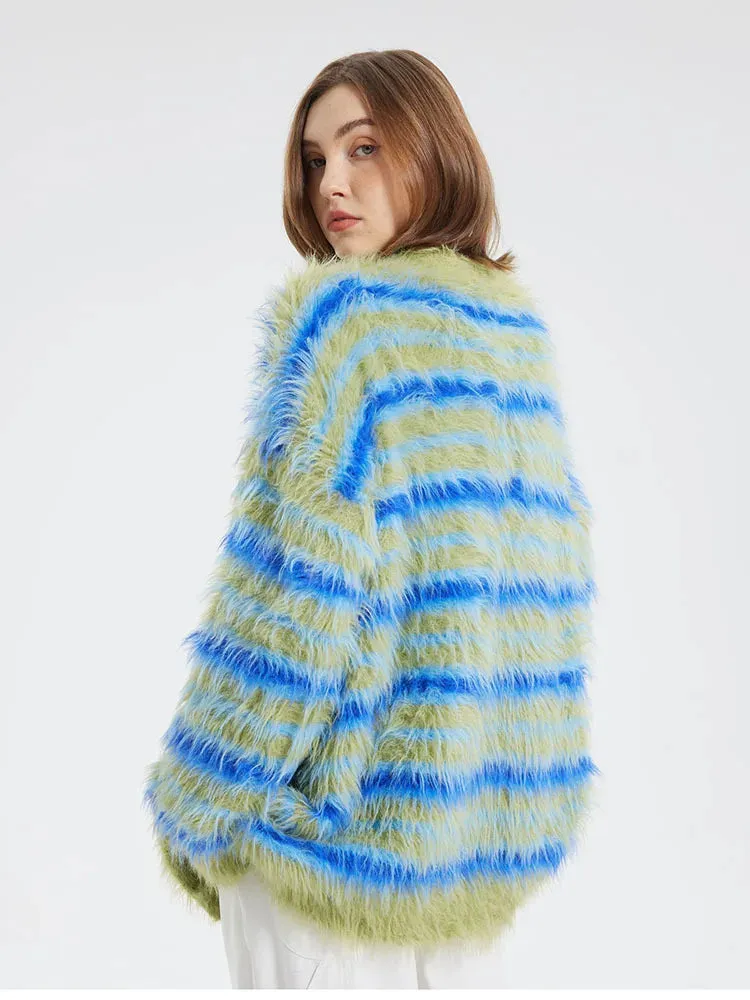 Fuzzy Striped Knit Cardigan