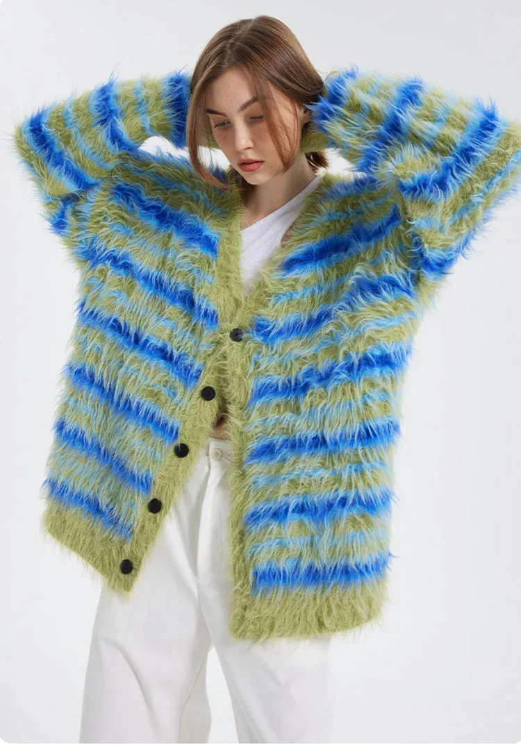 Fuzzy Striped Knit Cardigan