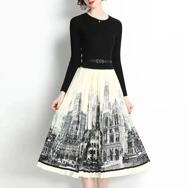 High Quality Autumn Dress Woman Clothing Elegant Knit Top Stitched Print Pleated Contrast Midi Long Vintage Party Dresses S4686309