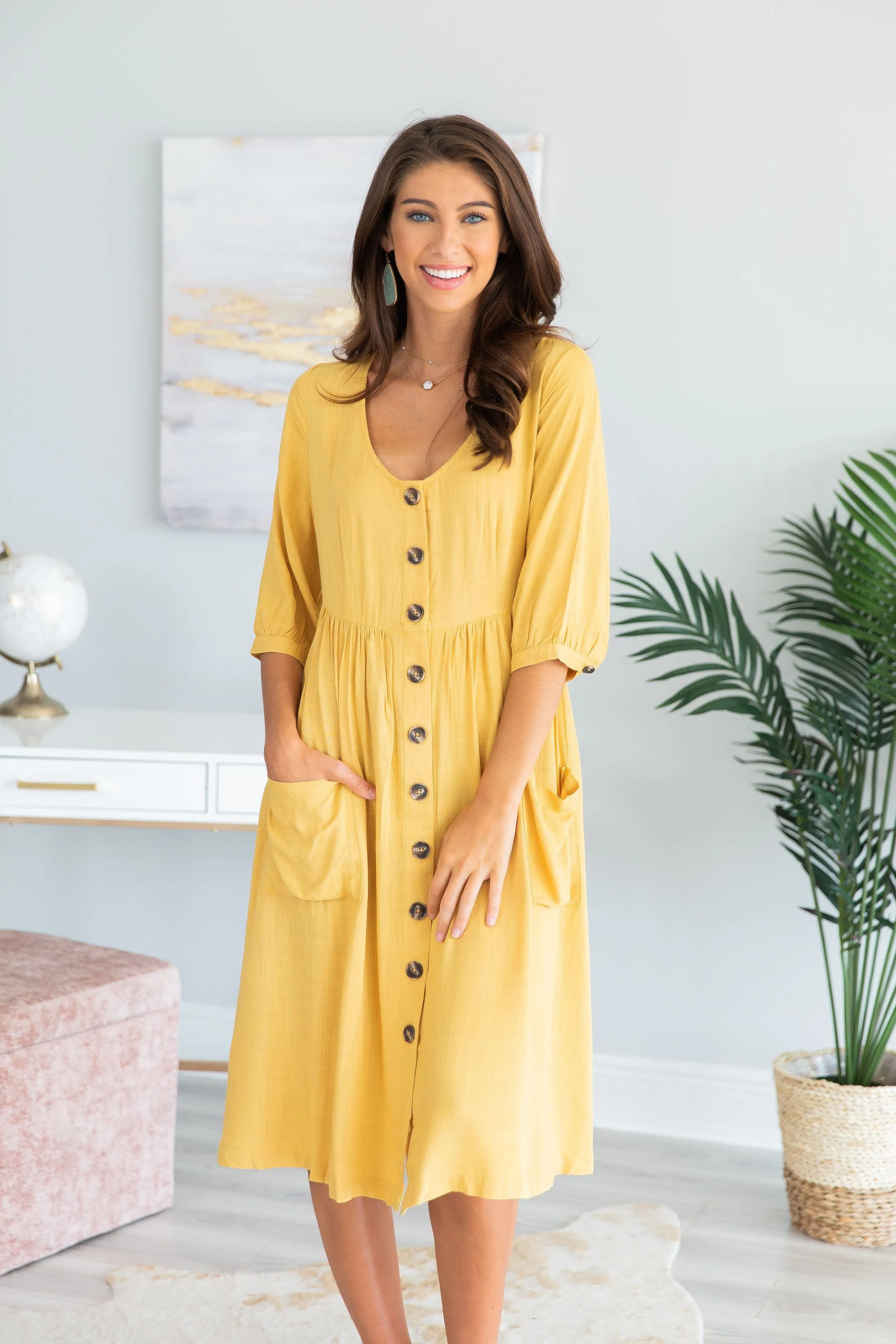 Looking Out For You Mustard Yellow Midi Dress