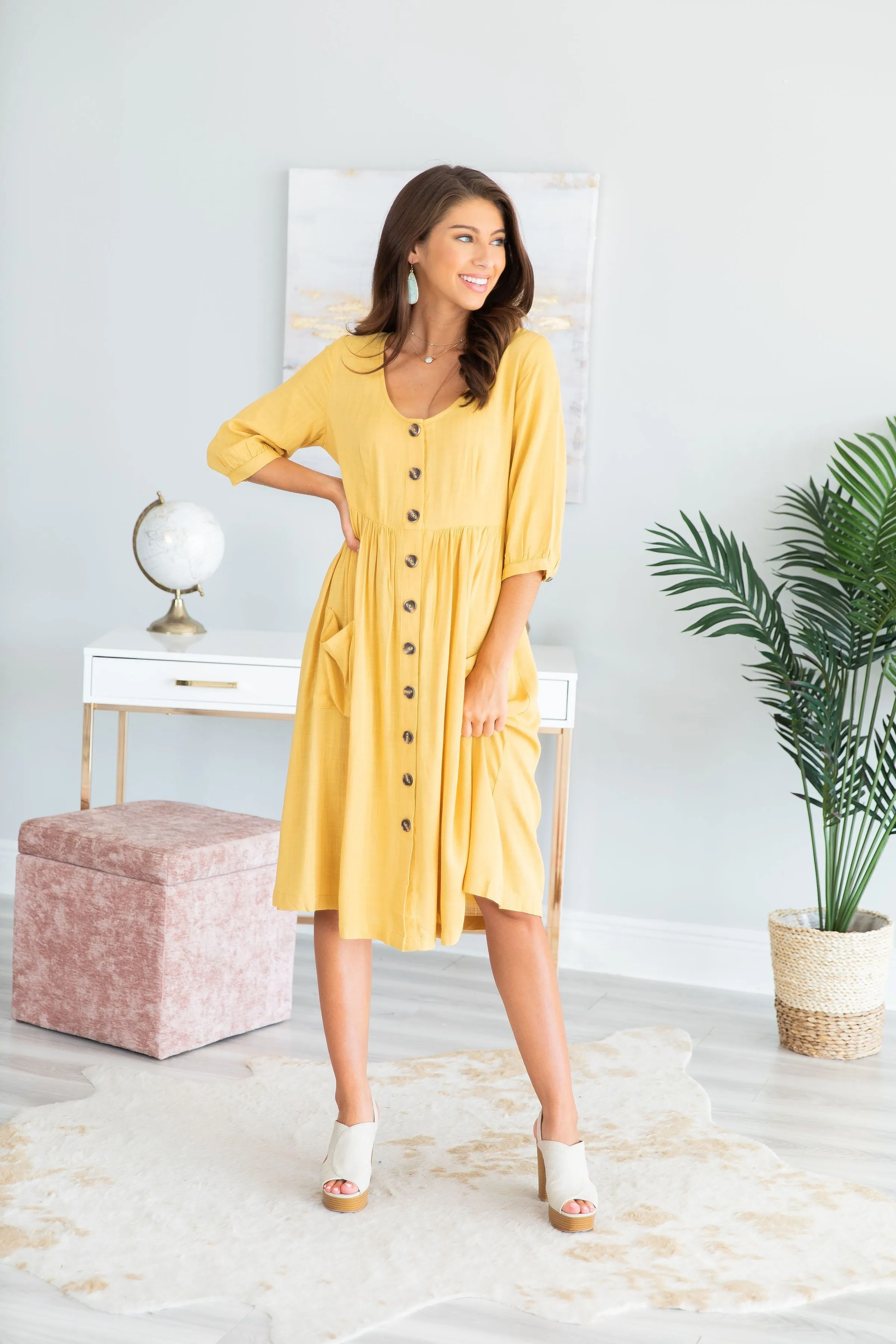 Looking Out For You Mustard Yellow Midi Dress