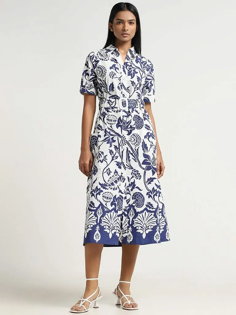 LOV Navy Printed Cotton Midi Dress with Belt