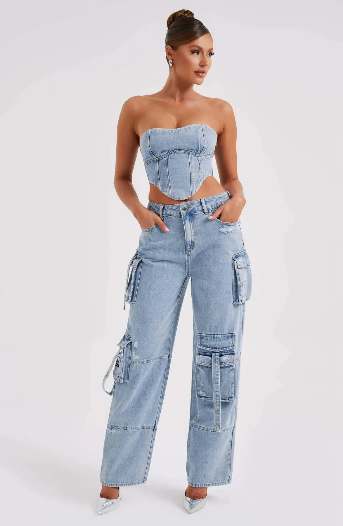 Mara - Denim Corset and Cargo Pants Set
