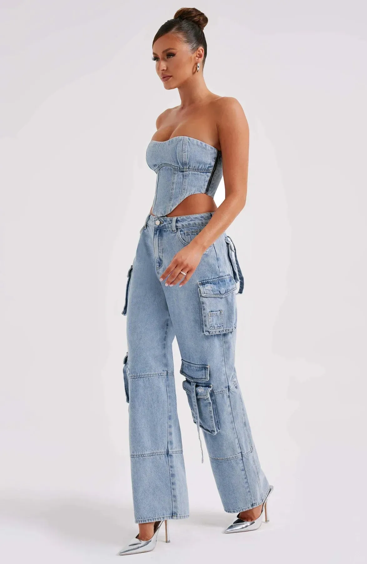 Mara - Denim Corset and Cargo Pants Set