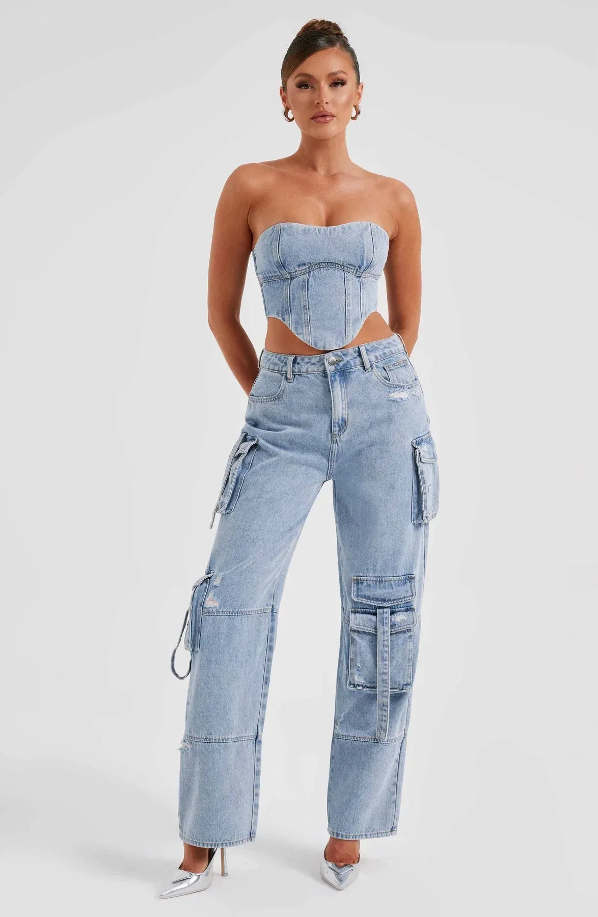 Mara - Denim Corset and Cargo Pants Set