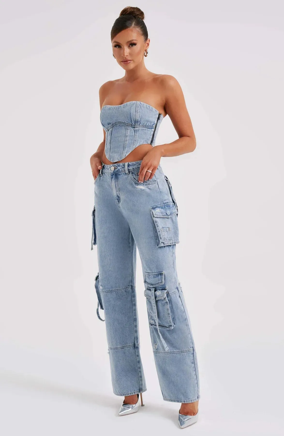 Mara - Denim Corset and Cargo Pants Set