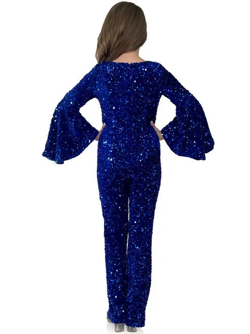 Marc Defang 8225K Girls Velvet Sequin Pageant Jumpsuit Long Bell Sleeve Fun Fashion