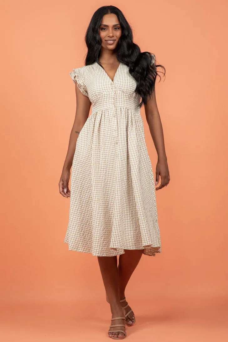 Melanie Midi Dress Gingham Print Nude