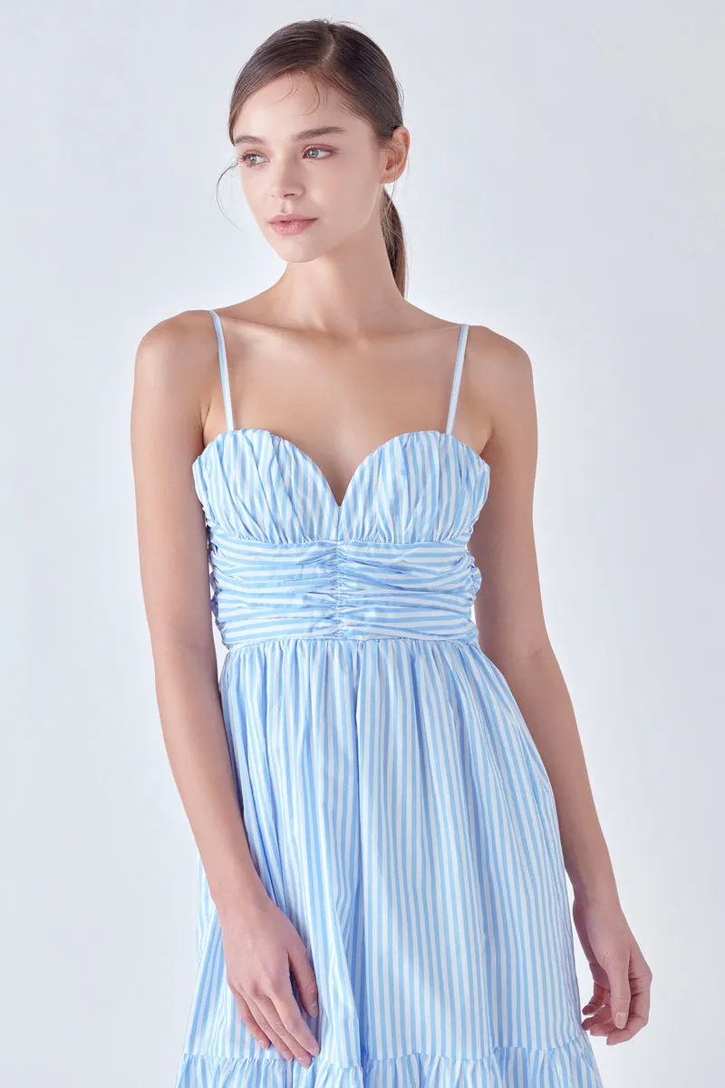 Stripe Shirred Detail Midi Dress