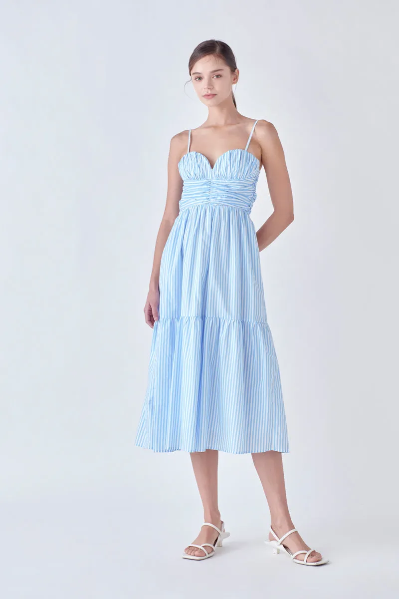 Stripe Shirred Detail Midi Dress