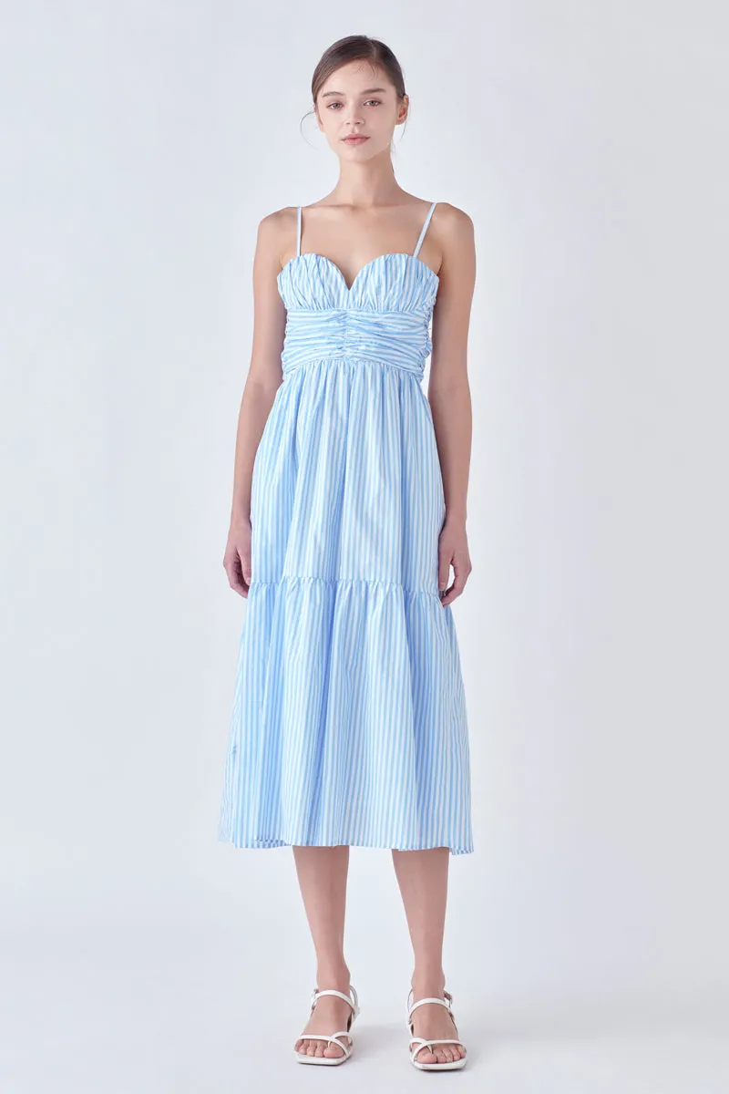 Stripe Shirred Detail Midi Dress