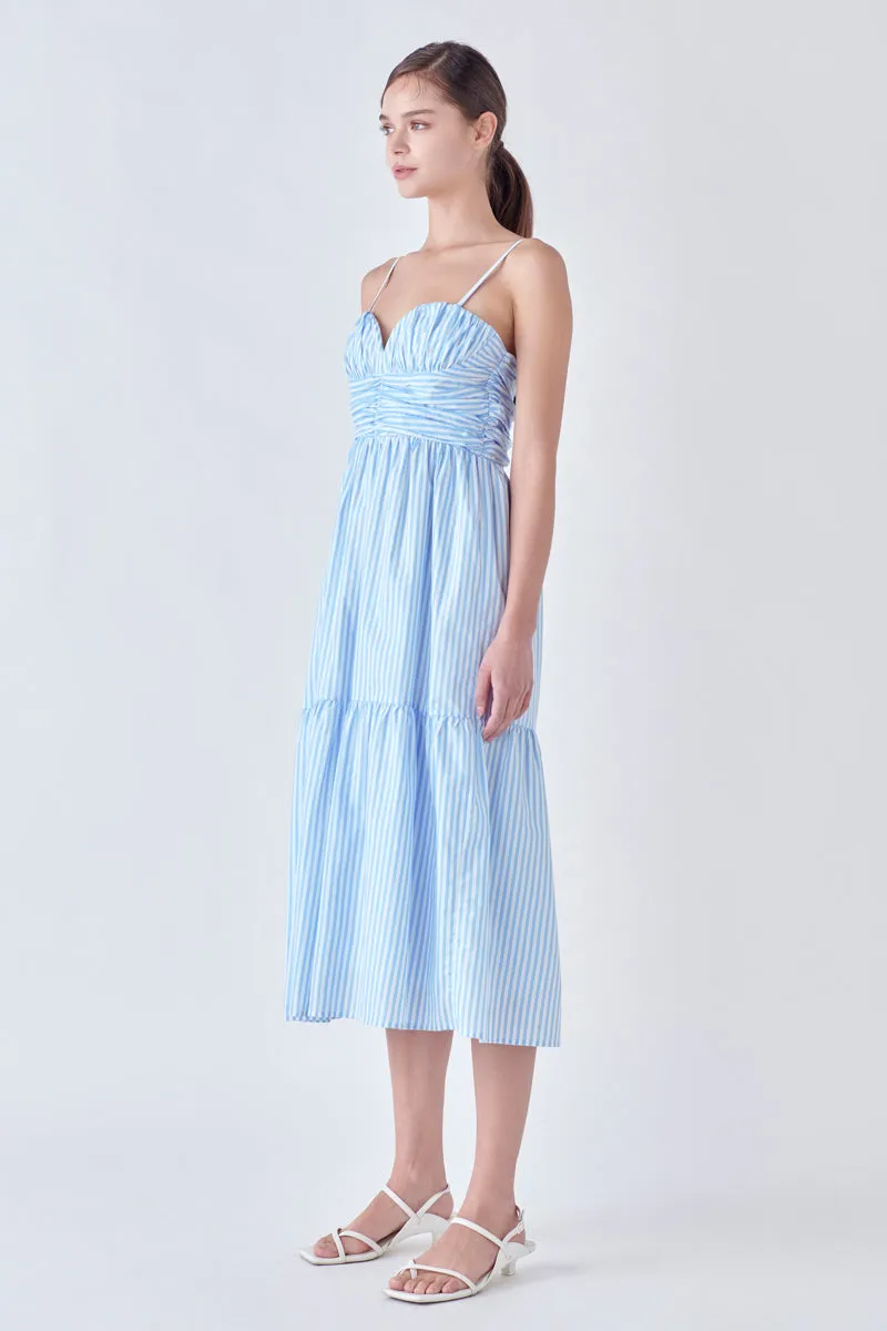 Stripe Shirred Detail Midi Dress
