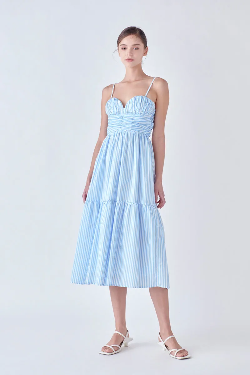 Stripe Shirred Detail Midi Dress